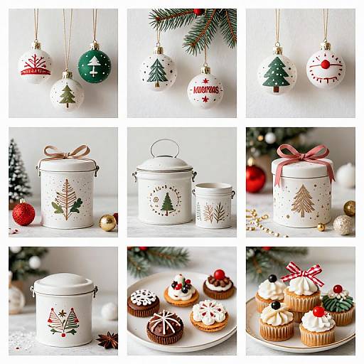Photograph collage of festive Christmas decorations: ornamented green and white baubles, white jars with Christmas tree designs, cupcakes with red and white frosting
