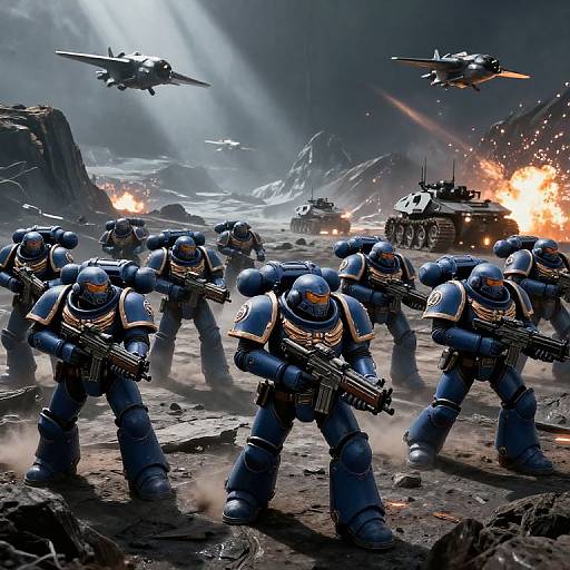 Sci-Fi Space Marines Squad in Battle on Rocky Planet