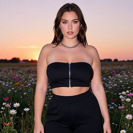 Photograph of a young woman with fair skin, brown hair, and brown eyes, wearing a black strapless crop top and high-waisted black