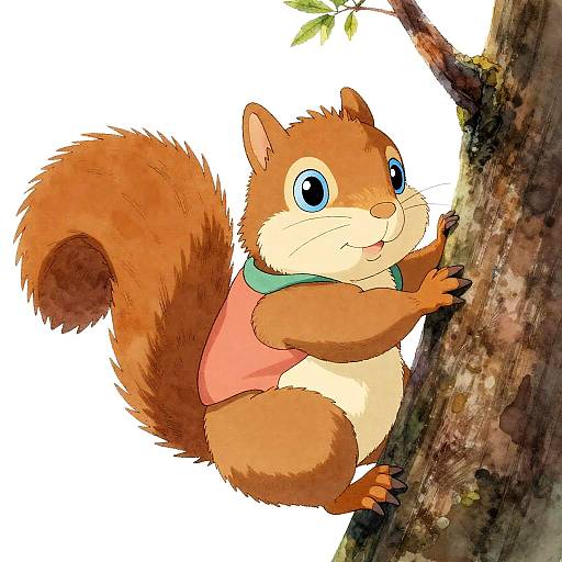 Ghibli-Inspired Chubby Squirrel Climbing Tree