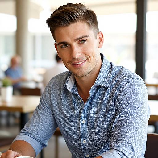Confident Man in Sunlit Cafe