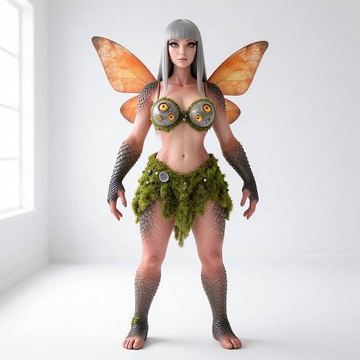 CGI fantasy fairy with white hair, orange wings, green moss skirt, and circular breast armor, standing on white background.