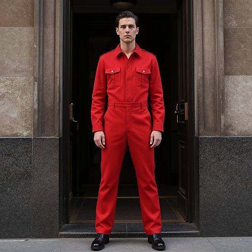 Man in Red Jumpsuit Standing in Doorway