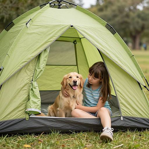 Photograph of a young girl with brown hair in a blue striped shirt, sitting inside a green camping tent, petting a golden retriever with its