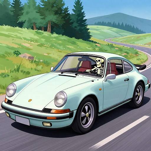 1930s Skeleton Cartoon Driving Porsche