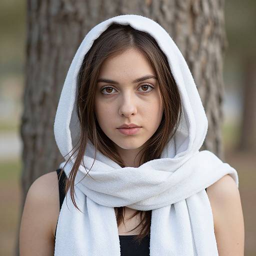 Photograph of a young woman with fair skin, brown eyes, and straight dark brown hair, wearing a white hooded scarf and black top, standing
