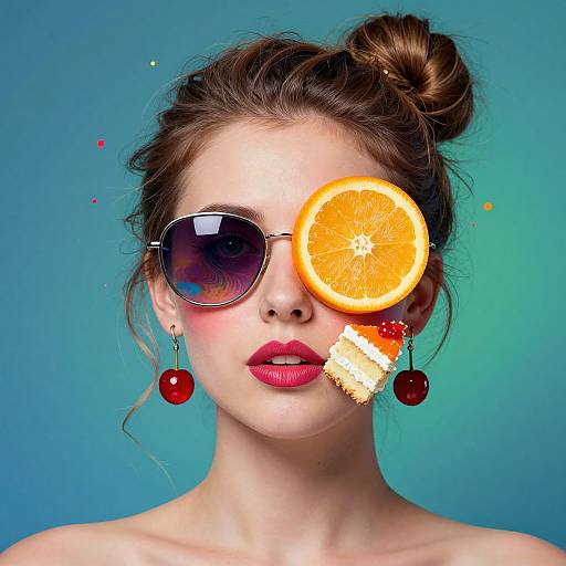 Photograph of a fair-skinned woman with brown hair in a bun, wearing round sunglasses with one orange slice eye, cherry earrings, and a candy