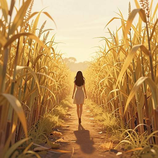 Photograph of a lone woman with long dark hair in a white dress walking down a sunlit, golden wheat field path.