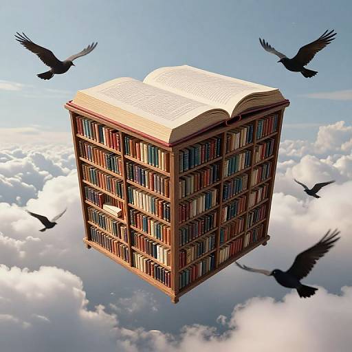 Floating book-filled library cube, open at the top, surrounded by black birds, against a bright blue sky with white clouds.