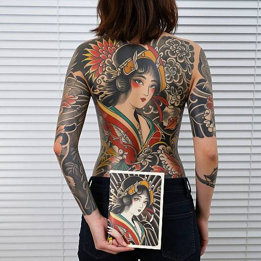 Photograph of a tattooed individual with elaborate, colorful back tattoos of a traditional Japanese woman, holding a smaller tattooed portrait. Background: white blinds