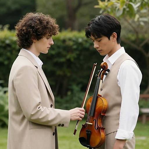 Two Men Exchanging Violin in Garden