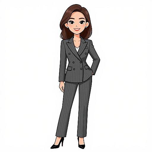 Cartoon-style digital drawing of a smiling woman with brown hair in a black pinstripe suit, double-breasted, black high heels, white background