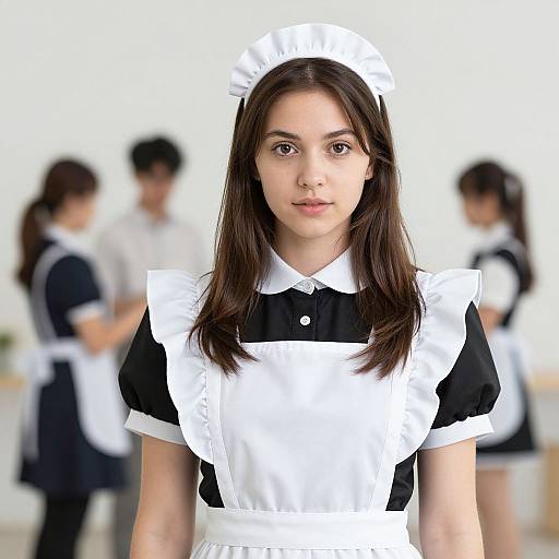 Photograph of a young woman with straight brown hair, wearing a traditional black and white maid outfit, standing in a blurred background with other similarly dressed individuals