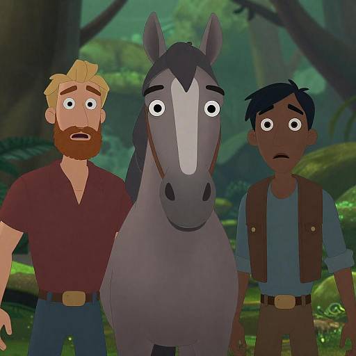 Surprised Trio and Horse in Jungle