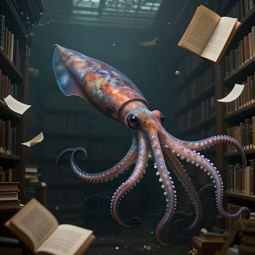 Digital artwork of a colorful, bioluminescent octopus floating in a dimly lit, overflowing library with flying open books.