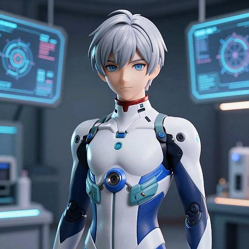 Digital art of a young, silver-haired anime character with blue eyes, wearing a white and blue futuristic bodysuit, standing in a high-tech lab