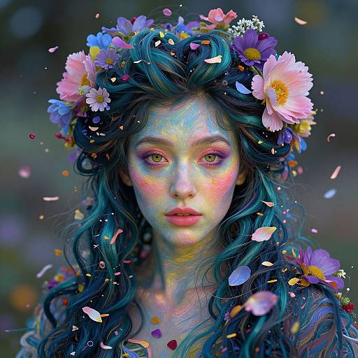 Digital art: Ethereal woman with glowing blue skin, floral crown, wavy teal hair, pink and purple flower petals floating, vivid green eyes,