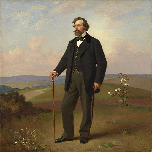 Photograph-style oil painting of a bearded man in a black suit and bow tie, standing with a cane on a hillside.