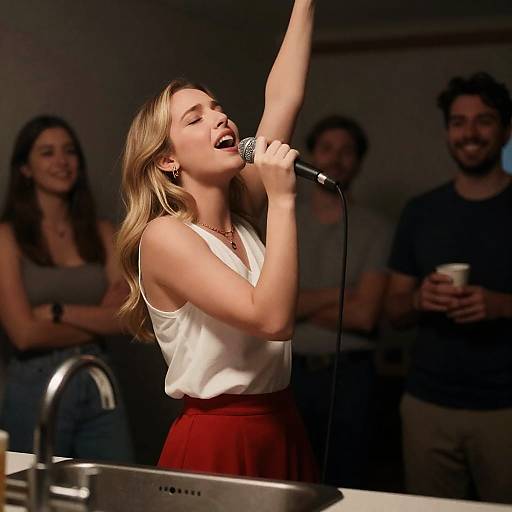 Young Woman Singing Karaoke at Home Party