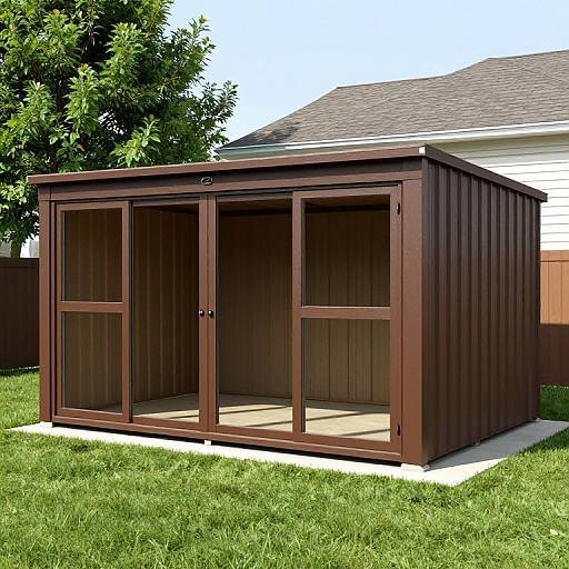 Photograph of a brown wooden screened gazebo with double doors, situated on a grassy lawn, with a white house and tree in the background.