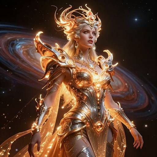 Digital art of a fierce, blonde woman with fiery, golden armor and crown, standing against a cosmic background with swirling galaxies.