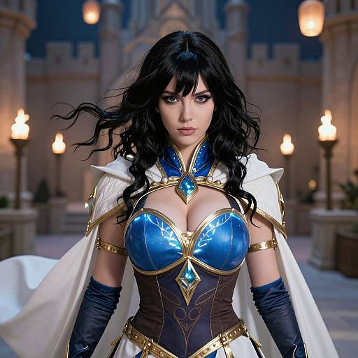 Digital artwork of a black-haired woman with large breasts, wearing a blue and gold armored top, white cape, and black gloves, standing in a candle