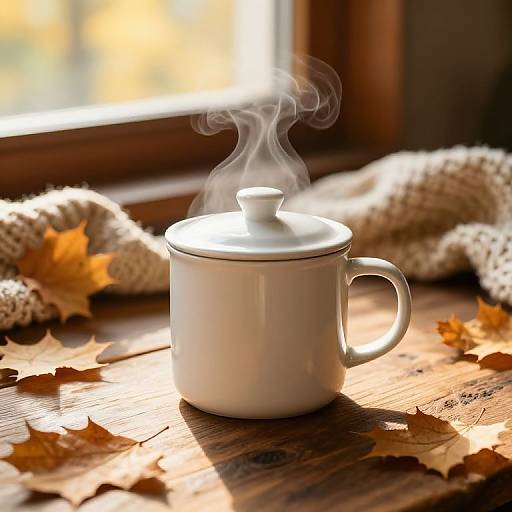 Photograph of a white ceramic steaming pot on a wooden table, surrounded by autumn leaves, with a knitted blanket in the background. Warm,