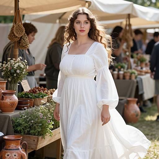 Photograph of a young woman with long wavy brown hair, wearing a white, long-sleeved, Victorian-style dress, standing in a sun
