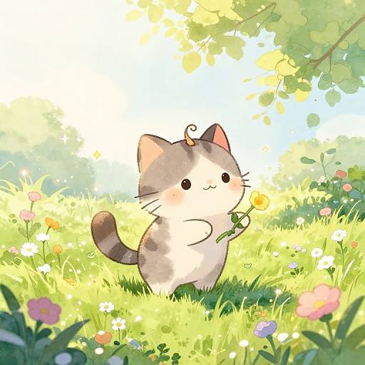 Cute cartoon cat with gray and white fur, holding a yellow flower, stands in a sunlit, colorful meadow with blooming flowers. Digital