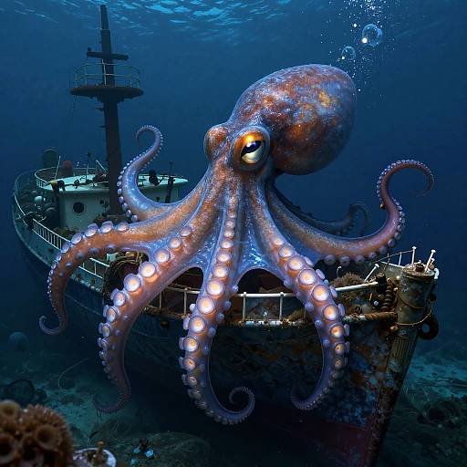 Enormous Bioluminescent Octopus on Sunken Ship