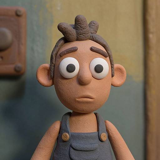 CGI cartoon boy with large, wide eyes, short brown hair, and blue overalls, looking surprised. Background shows greenish wall and rusty metal