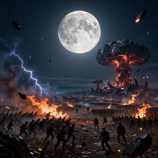 Digital artwork of a moonlit battlefield with silhouetted soldiers fighting amidst blazing fires, lightning bolts, and a fiery, collapsing tree against a backdrop