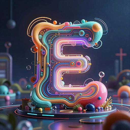 Neon, digital art of a glowing, colorful, stylized letter 