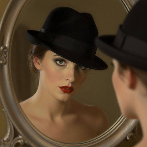 Photograph of a pale-skinned woman with dark red lipstick and blue eyes, wearing a black fedora, reflected in an ornate oval mirror.