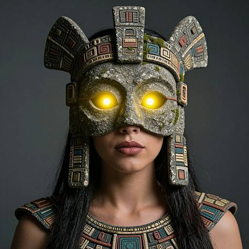 Photograph of a woman with glowing yellow eyes, wearing an intricately patterned, ancient Mesoamerican-style mask and matching necklace, against a dark