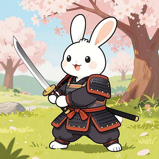 Playful Samurai Rabbit in Cherry Blossoms