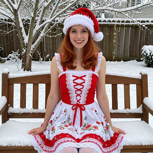 Photograph of a smiling young woman with red hair, wearing a red and white Santa dress with lace, sitting on a snow-covered wooden bench in a