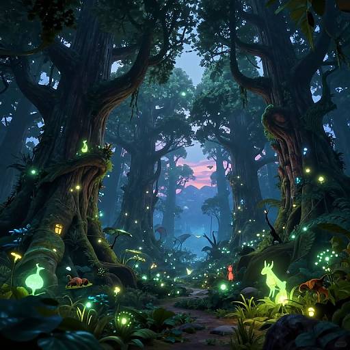 Digital fantasy art of a glowing forest at dusk, featuring ethereal fireflies, enchanted mushrooms, and mystical creatures among towering trees.