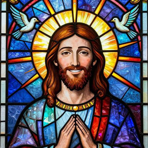Vibrant stained glass depiction of Jesus with long brown hair, beard, and halo, hands in prayer, surrounded by blue, yellow, and red