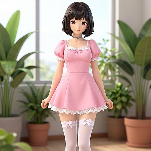 Digital anime-style drawing of a cute young girl with black bob haircut, wearing a pink dress, white thigh-high stockings, and lace trim, standing in