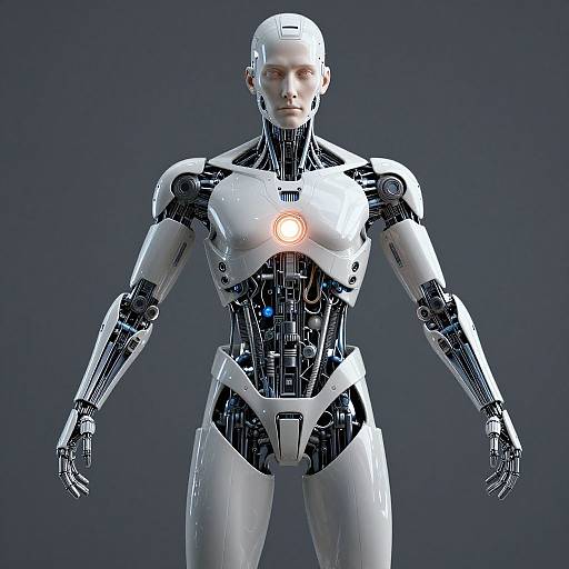 CGI image of a white, futuristic humanoid robot with glowing chest light, black internal mechanical details, and neutral expression, standing against a dark blue background
