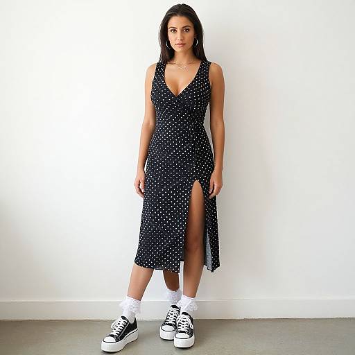 Photograph of a young woman with light brown skin, black hair, wearing a black polka dot dress with a thigh-high slit, white socks,