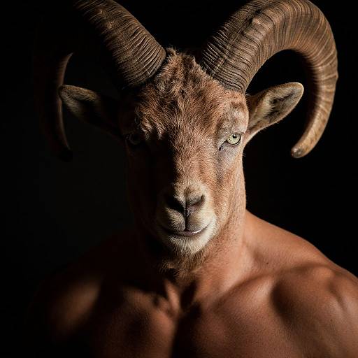 Photograph of a muscular, shirtless goat with large, curved horns and intense green eyes, set against a dark, black background.