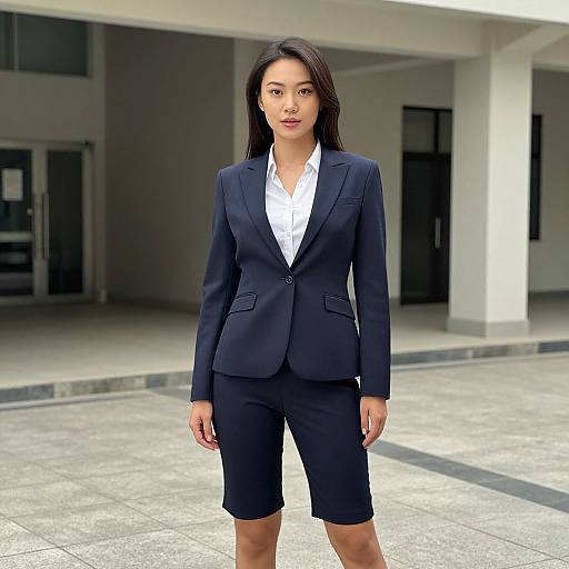 Photograph of an Asian woman with straight black hair, wearing a dark blue business suit and white shirt, standing confidently in front of a modern, minimalist