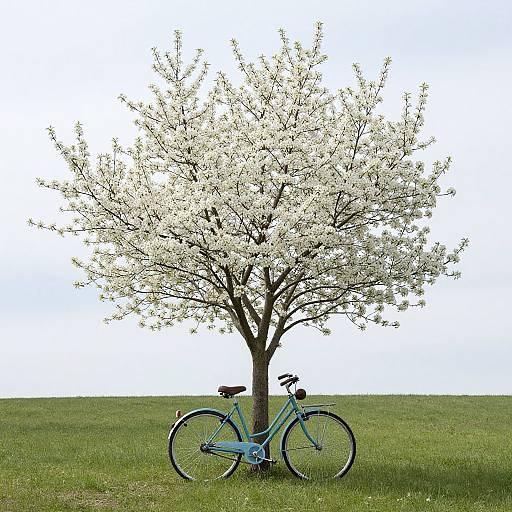 Photograph of a blue bicycle leaning against a blooming white cherry tree in a grassy field under a bright sky.