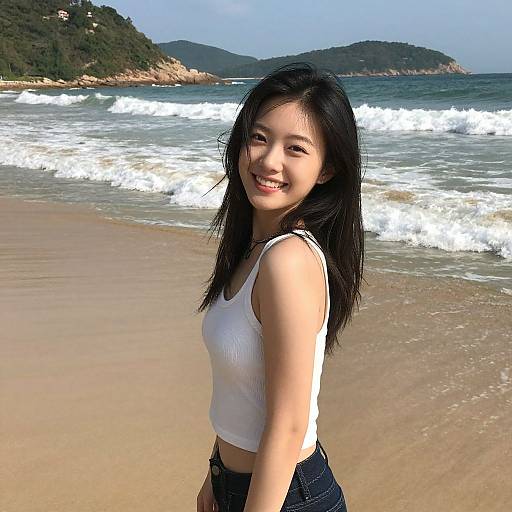 Asian woman with long black hair, smiling, wearing white tank top and black shorts, standing on sunny beach with waves and green hills in background. Phot