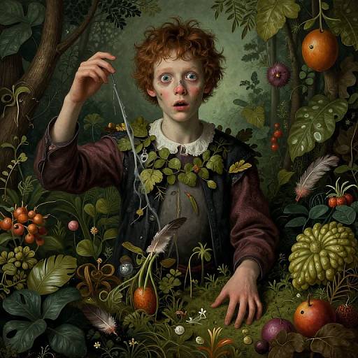 Digital painting of a wide-eyed, curly-haired child in a dark dress, surrounded by lush, detailed forest fruits and plants, reaching out with a thin