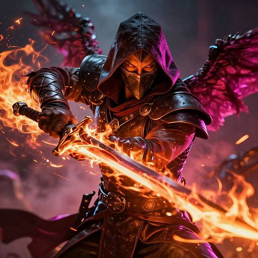 Digital fantasy artwork of a hooded, armored warrior with glowing red eyes, fiery sword, and dark, fiery wings, wielding a blade in a sm