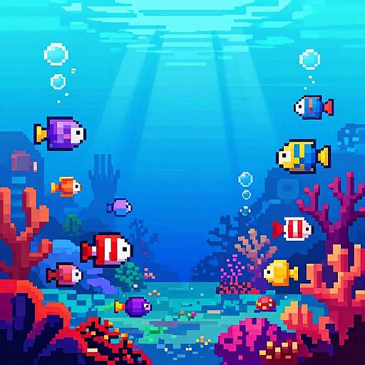 Pixel art underwater scene with colorful fish, coral, and bubbles in bright blue water. Vibrant fish in red, yellow, white, and purple swim