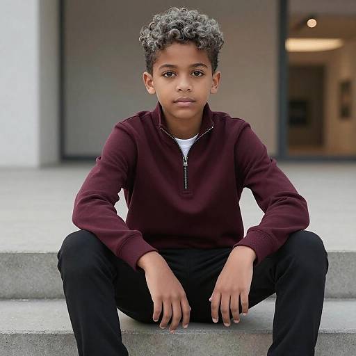 Photograph of a young Black boy with curly gray hair, wearing a maroon zip-up hoodie and black pants, sitting on concrete steps in front of